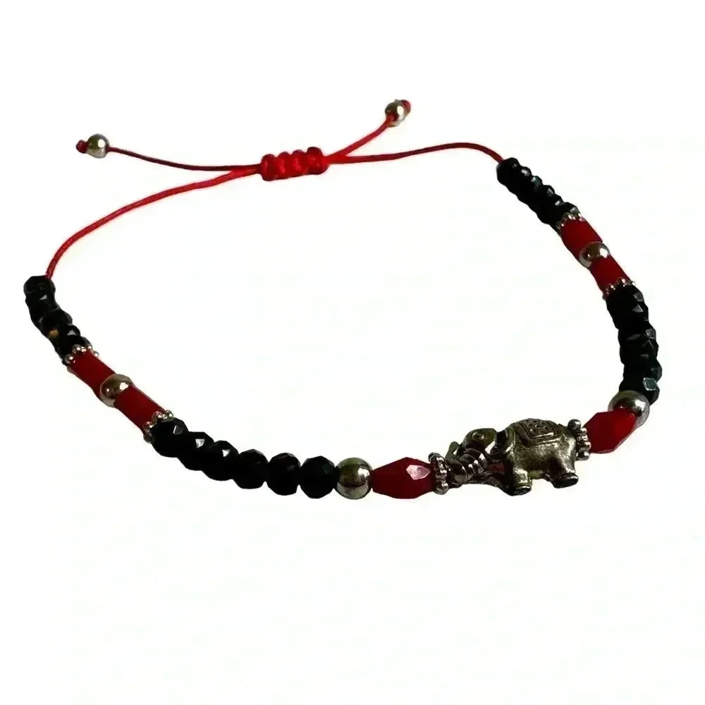 Black red and silver beaded bracket adjustable elephant charm women’s jewelry